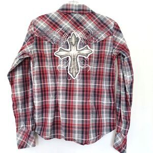 Panhandle Slim Plaid Western Shirt S Cross Wings Embroidery Snaps Rodeo Ruffles